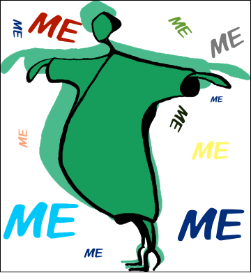 A graphical image of a female stick figure symbolizing to focus on yourself with a dress in green with the word 'me' in different sizes, colors, and directions.