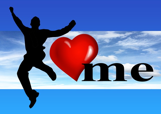 A graphical image compilation depicting the love of self through a silhouette of a man leaping, a glossy red heart, and the word 'me' against a cloudy blue sky.
