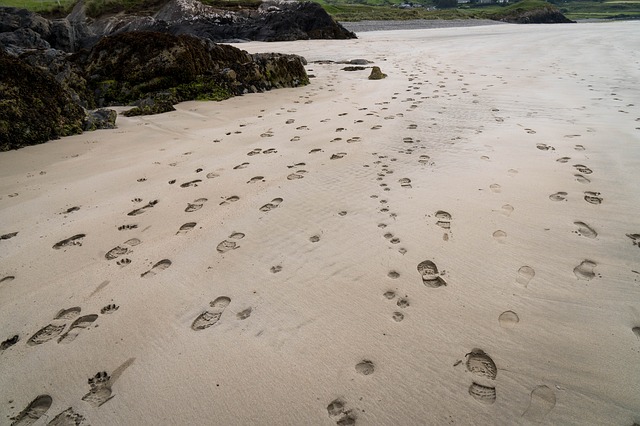 multiple footprints in the sand reminding us how easily it is to lose the steps of Christ