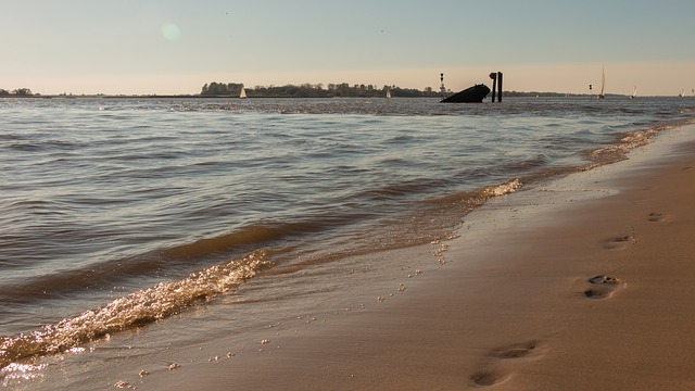 shoreline with footprints