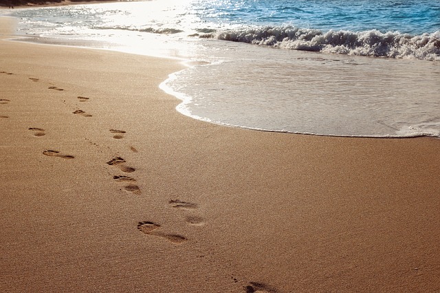 footprints in sand along surf