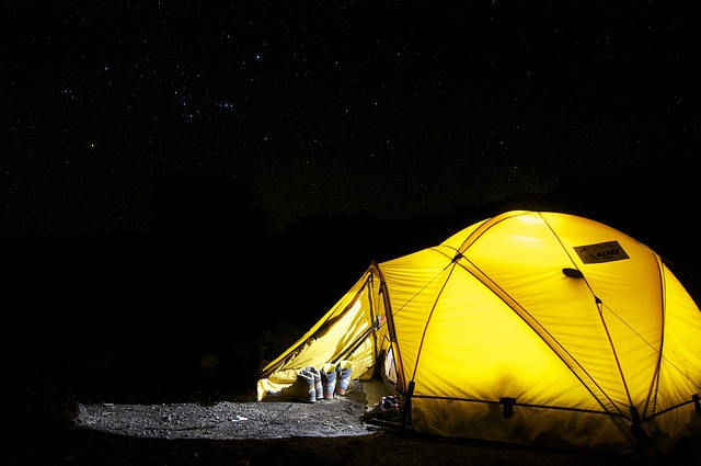 lighted tent at night