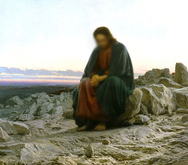 painting of man resembling Jesus sitting on rocks in prayer symbolic of the ultimate temptation of Jesus of avoiding the crucifixion on the cross