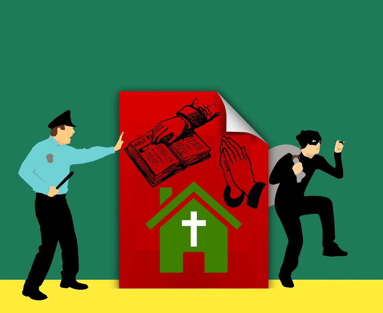 a graphic of a masked thief of intellectual or spiritual property evading a policeman