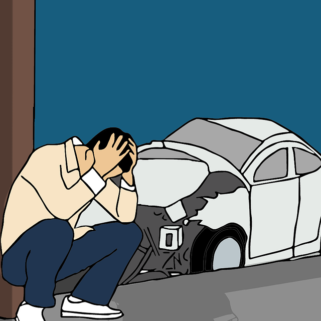 a graphic showing seated man holding head in hands with wrecked car in background