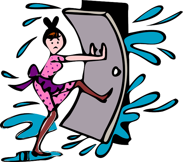 a graphic showing a woman in cleaning outfit holding door against incoming water