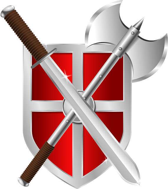 graphic of red and silver shield with sword and battle axe