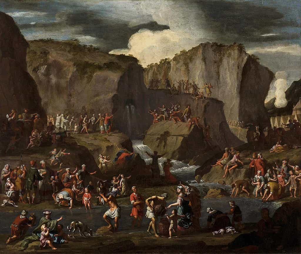 A painting by Krzysztof Lubieniecki of Moses striking water from a stone