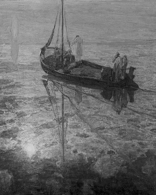 Black and white painting by Henry Ossawa Tanner 'The Disciples See Christ Walking'