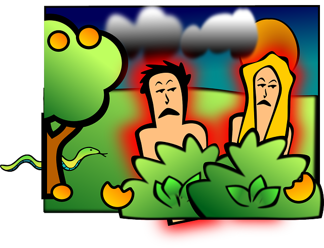 a graphic showing Adam and Eve trying to blame God while hiding behind bushes with a tree, snake, dark clouds and sun in background.