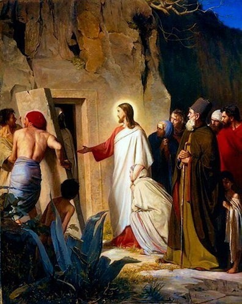 A painting of Jesus at the tomb of Lazarus after He had told them to make the next move and remove the stone from the grave