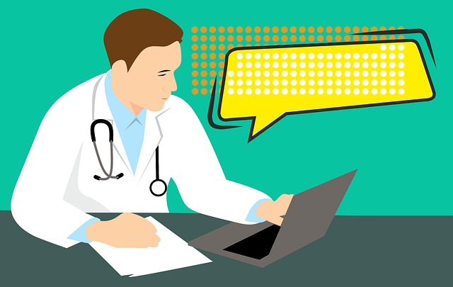 graphic showing a doctor at counter with laptop and papers