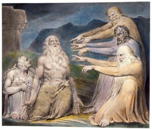 Artwork of Job and his wife with his friends pointing in accusation