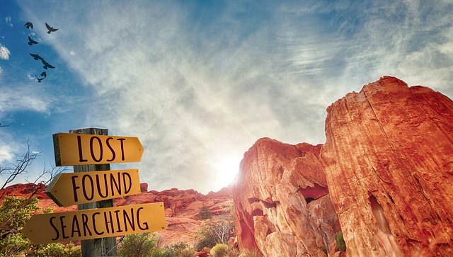 lost, found, searching sign post in rocky desert area