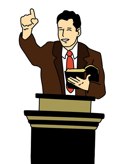 drawing of a man preaching behind pulpit while holding a Bible