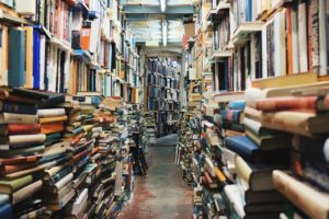 Hundreds and hundreds of books stacked and piled in shelves in a small walkway of a store