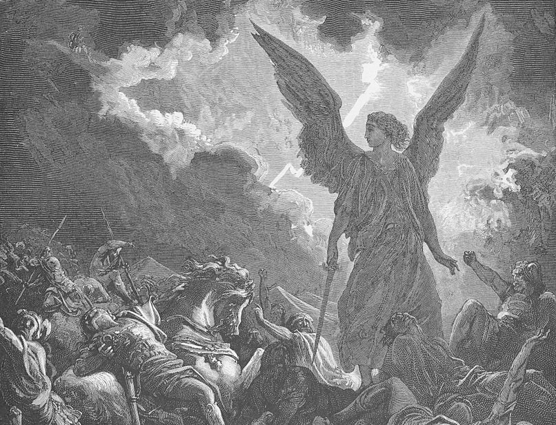 A print from a woodcut of Sennacherib's army destroyed by an angel