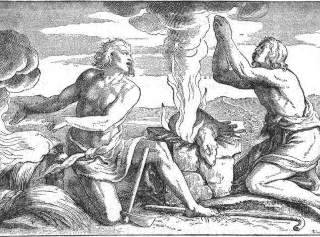 A black and white print of Cain and Abel offering their sacrifices to God