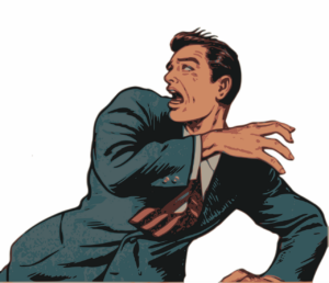 comic image of man in suit looking back in panic and fear while running