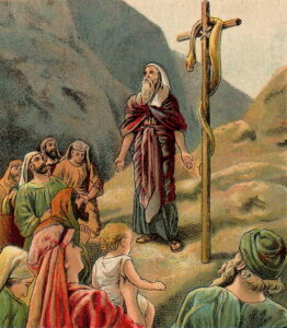 Color lithograph of Moses with brazen serpent on a staff and a group of Israelites observing