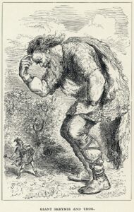 A woodcut image of Giant Skrymir and Thor (c. 1891), by Louis Huard