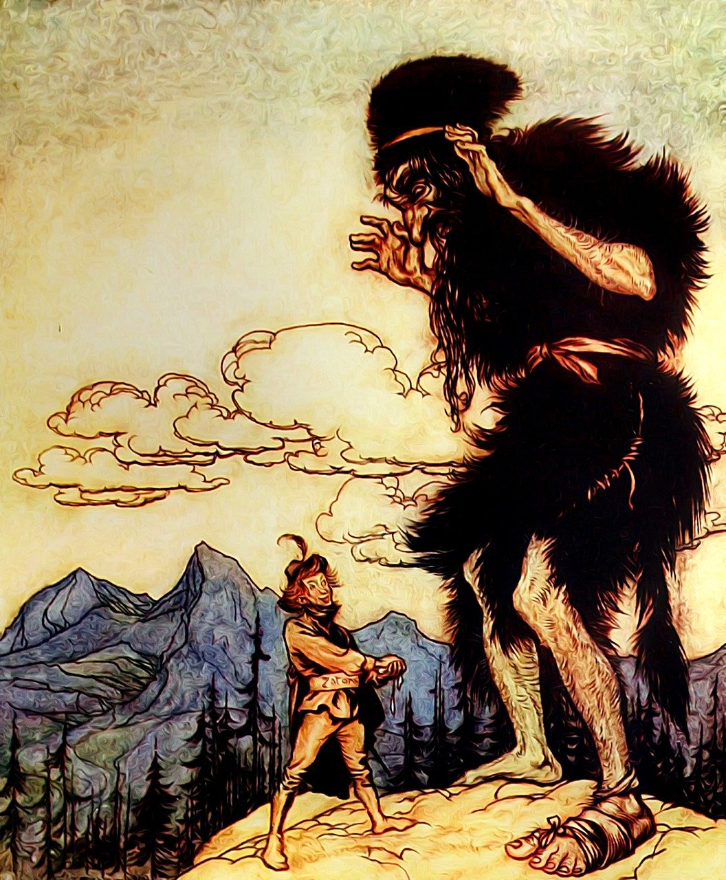 Old drawing of man about to attack giant with mountains and clouds in the background