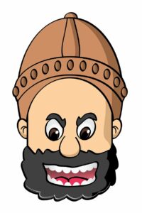 Comical illustration of a giant warrior's head wearing a tan helmet with mouth open in exclamation