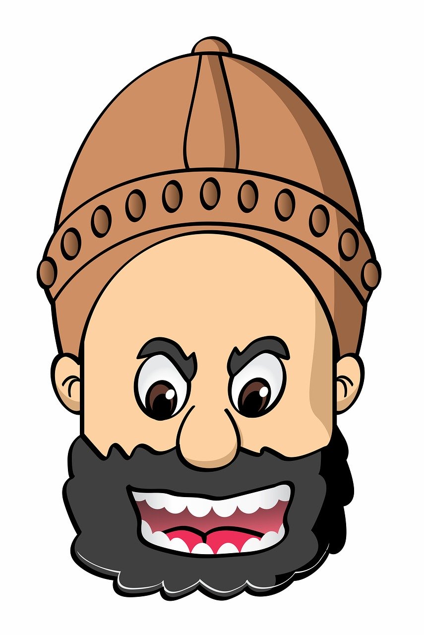 Comical illustration of a giant warrior's head wearing a tan helmet with mouth open in exclamation