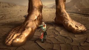 Fantasy illustration of a small warrior standing between two giant feet in a desert wilderness