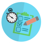 A graphic showing a stopwatch, checklist and a pencil on a blue circle