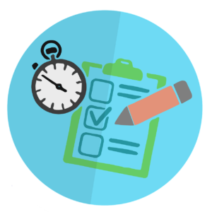 A graphic showing a stopwatch, checklist and a pencil on a blue circle