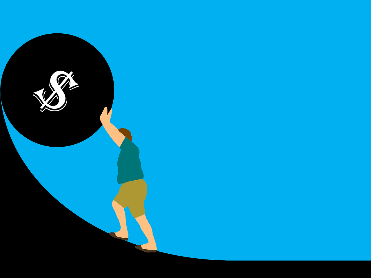 A graphic of a man in shorts and a t-shirt pushing up or holding against a vertical slope a large ball with a dollar sign on it