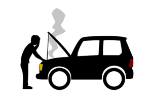A graphic showing the silhouette of a man leaning over with one hand on a malfunctioning car and the other hand pressed against his forehead