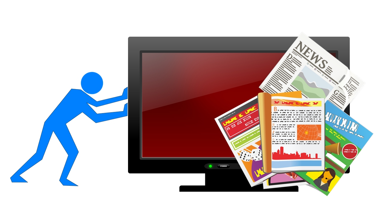 A combined graphical image of magazines, a newspaper and a video monitor being pushed by a blue silhouette of a person, illustrating the question of: Is God more important?