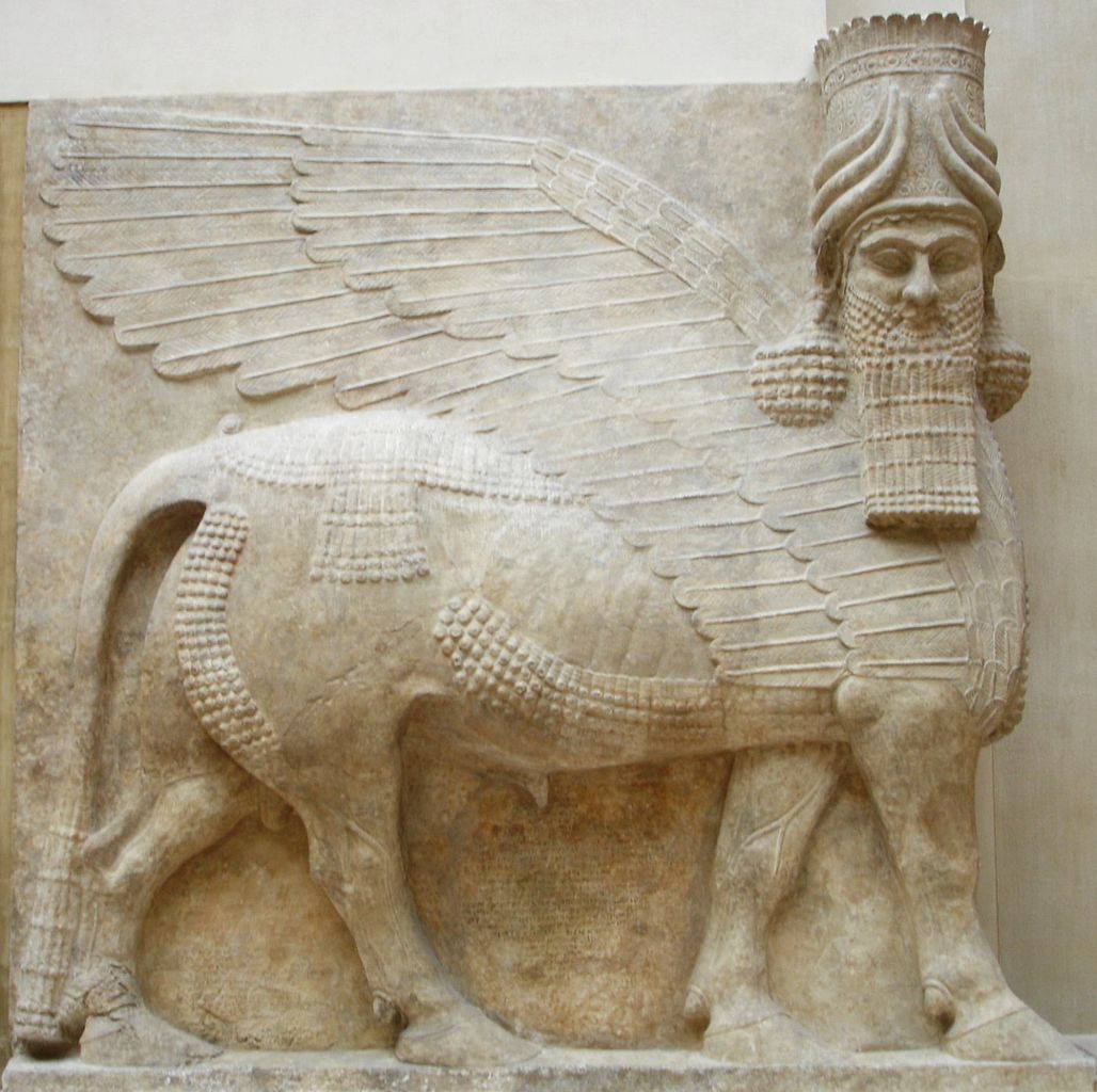 Sculpture of human headed winged bull of the Assyrian religion