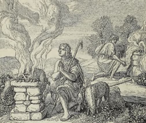 Woodcut of Cain and Abel offering up sacrifices
