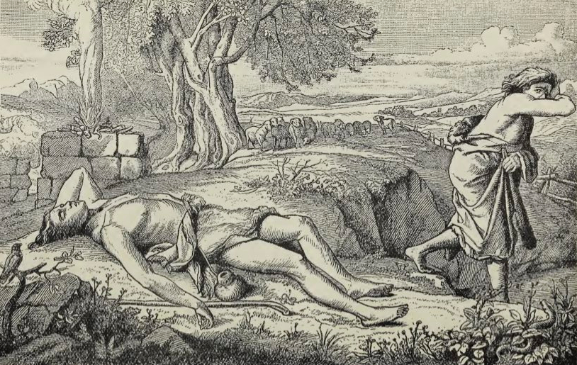 Woodcut image of Cain fleeing from Abel, lying dead on the ground, whom he just killed
