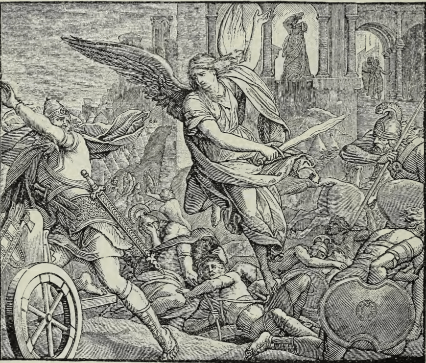 black and white lithograph of an angel destroying the Assyrian army