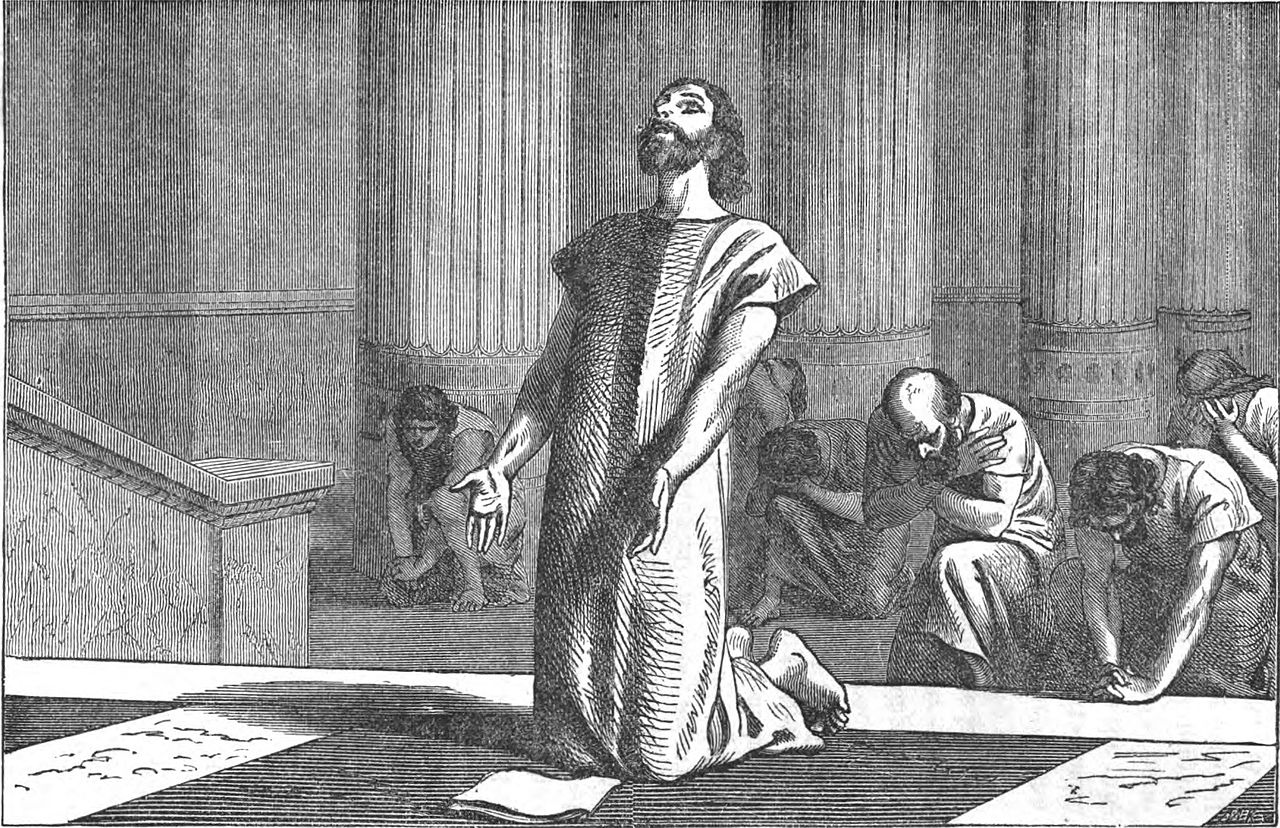 Black and white lithograph of King Hezekiah praying to God with letters of accusation before him and men of his staff kneeling behind