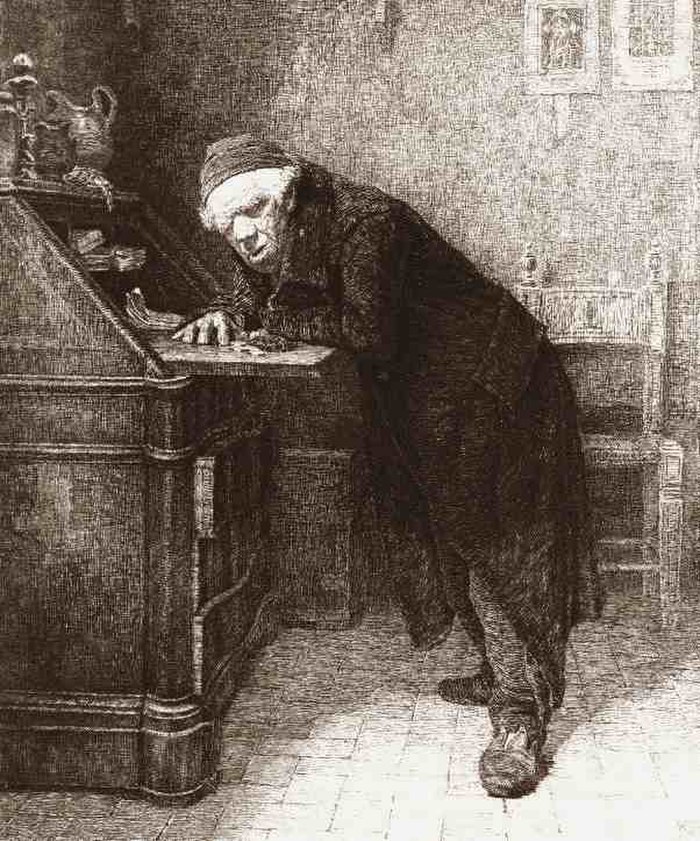 A short miserly old man leaning on a desk from a print by Antonio Piccinni