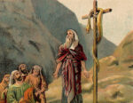 lithograph of Moses on mountain with snake on wooden pole and Israelites in foreground