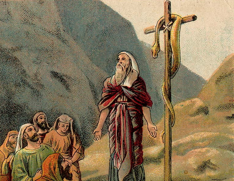 lithograph of Moses on mountain with snake on wooden pole and Israelites in foreground