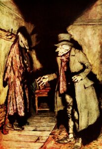 Painting of a rendition of Ebenezer Scrooge from Charles Dickens novel A Christmas Carol