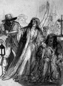 A man seated holding a child plague victim, a woman is holding back another man. (Black and white) Chalk drawing by E.M. Ward, 1848