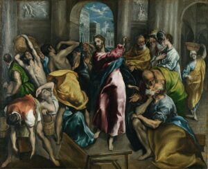A color painting by El Greco of Christ driving the traders from the temple