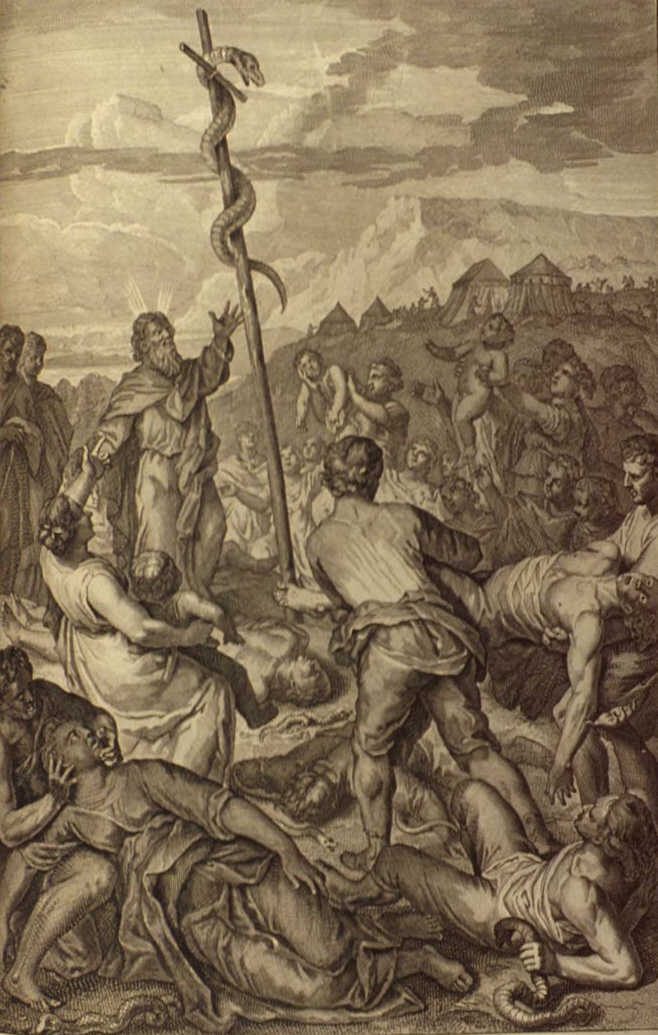 A work by Gerard Hoet of Moses lifting a serpent upon a pole with the people who had been bitten by serpents looking up at it