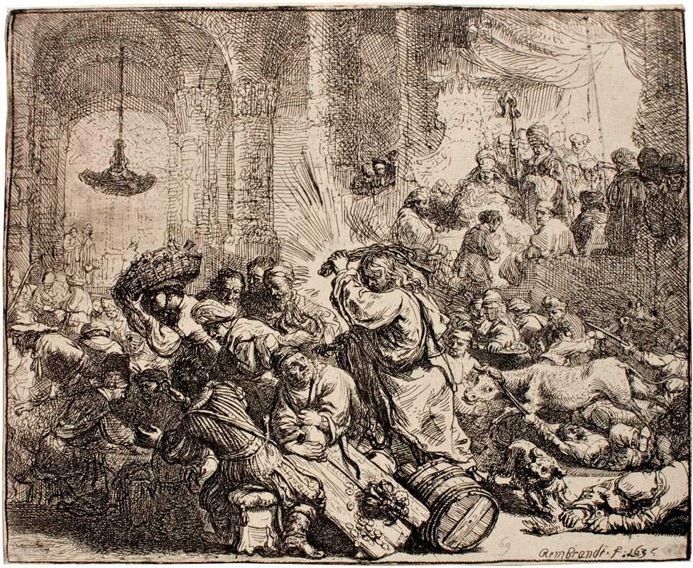A sepia colored work by Rembrandt of Jesus driving the merchants from the temple