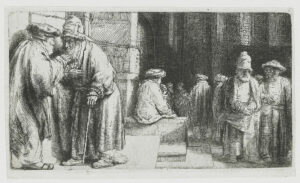 A black and white work by Rembrandt of Pharisees in the temple