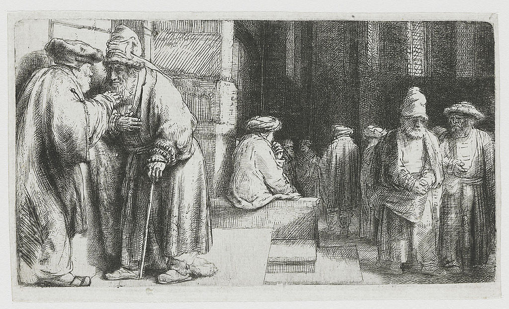 A black and white work by Rembrandt of Pharisees in the temple