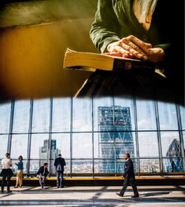 Combined photos of an older person with hands crossed and laying on a book that is resting on a knee while seated in sunlight and business workers in standing around in a urban high rise building with tall windows and sun though skylight